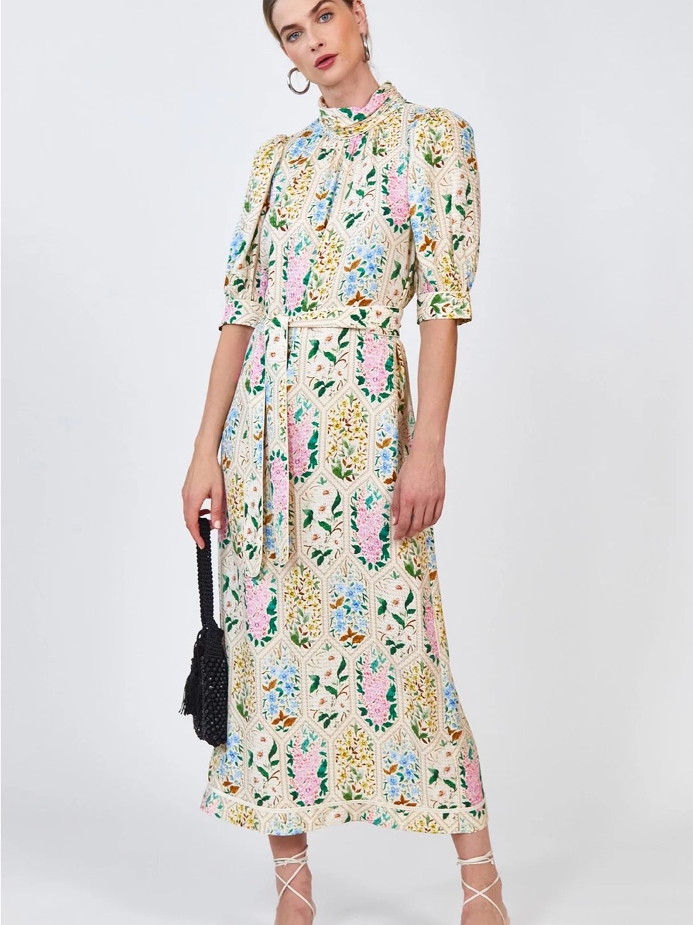 Hunter Bell Langley Dress in Floral Tile | Mock Neck Midi Dress | Size 12